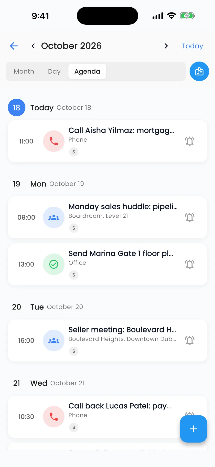 Propfusion app: Calendar agenda listing calls, meetings and tasks by day, with times, locations and reminder bells