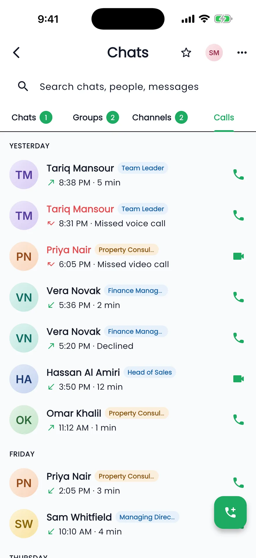Propfusion app: Chat Calls tab with voice and video calls between colleagues, missed calls in red and call-back buttons