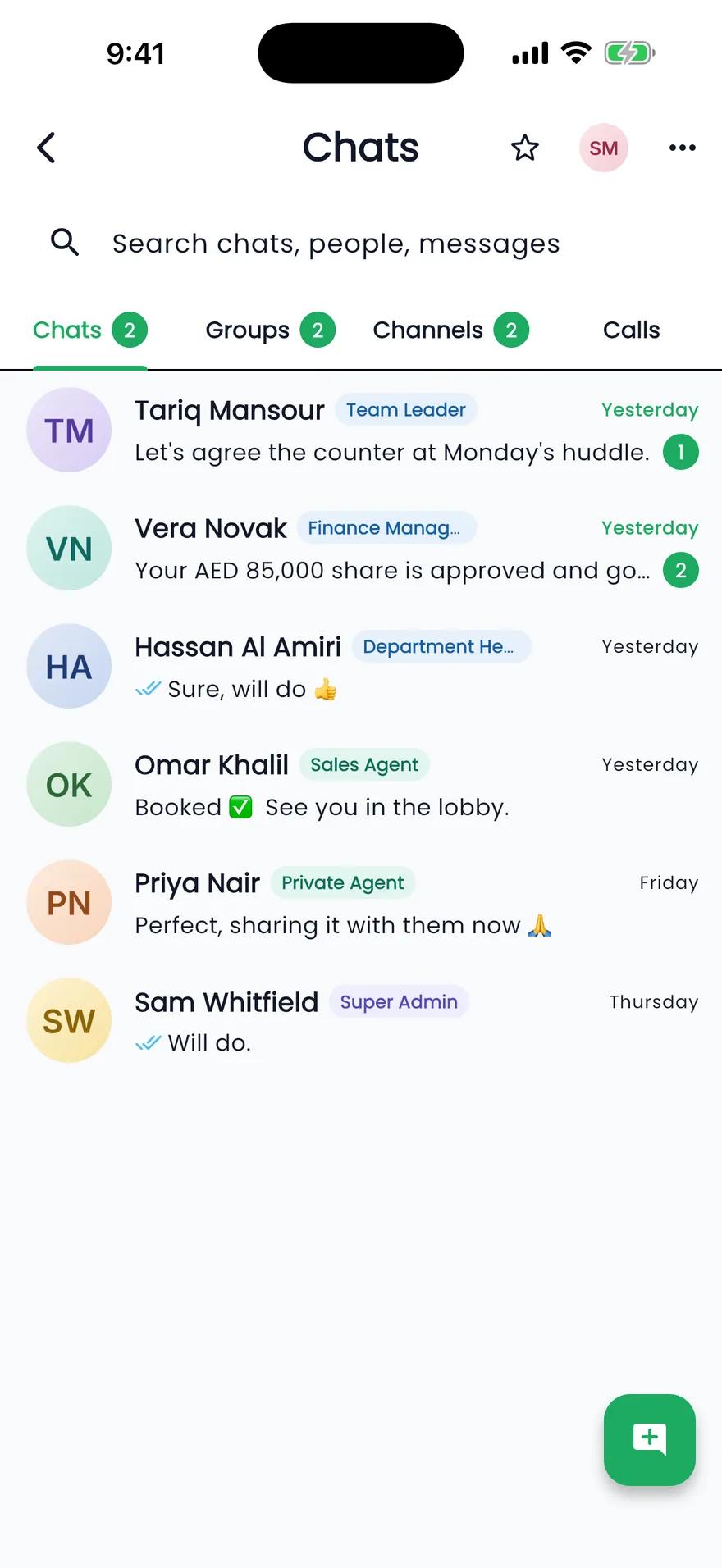 Propfusion app: Chats list with team members, their roles and latest messages, plus Chats, Groups and Channels tabs