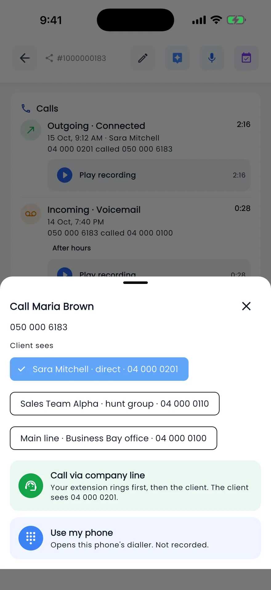 Propfusion app: Call sheet to pick the caller ID the client sees and call through the company line