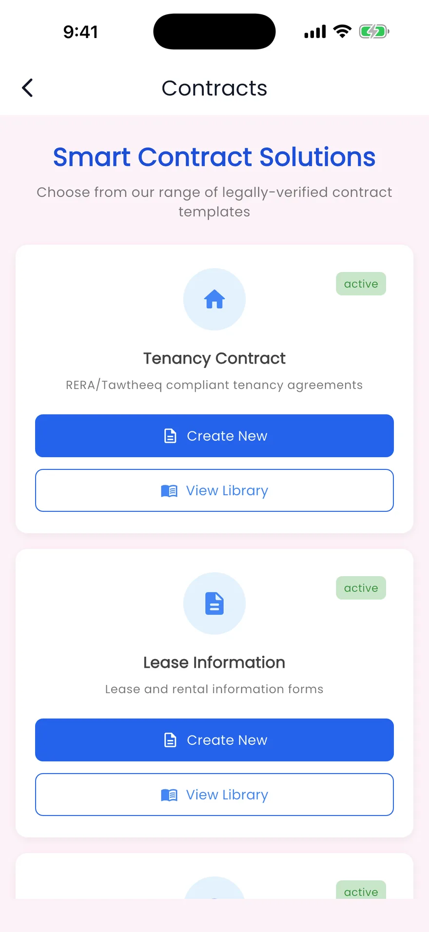Propfusion app: Contracts screen with Tenancy Contract and Lease Information templates