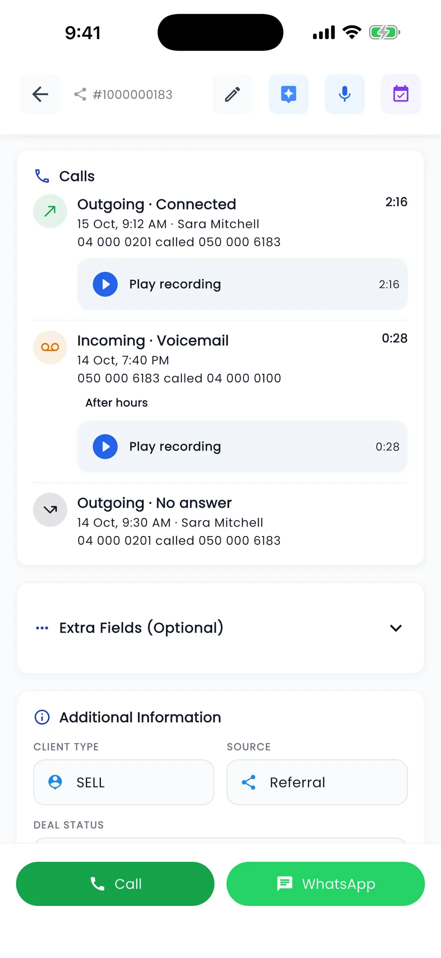 Propfusion app: A lead's calls with a recorded company-line call, a voicemail and a no-answer attempt