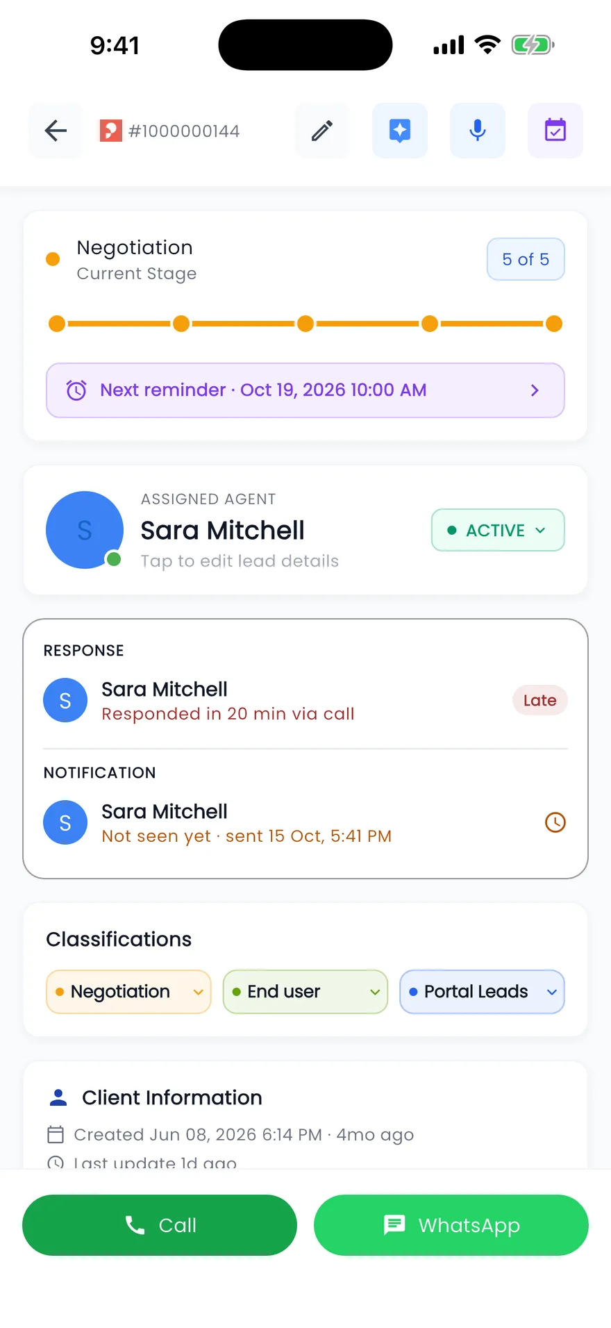 Propfusion app: Lead page with stage progress, next reminder, assigned agent, response time, classifications and Call and WhatsApp buttons