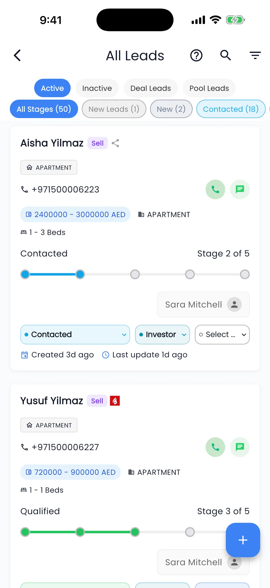 Propfusion app: All Leads list with stage filters and lead cards showing budget, beds, stage progress, agent and call and chat buttons
