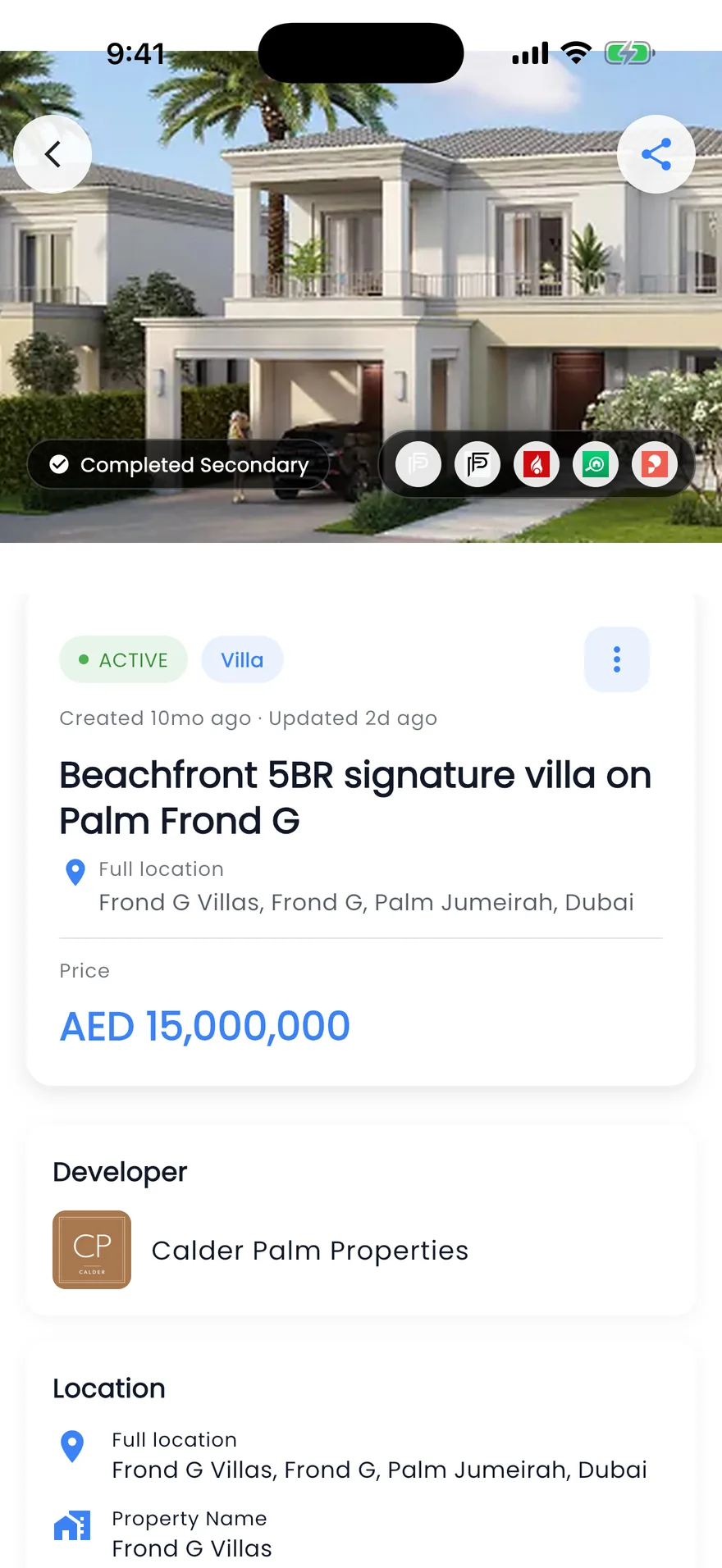 Propfusion app: Listing page with photo, portal icons, share button, status, type, title, location, price and developer