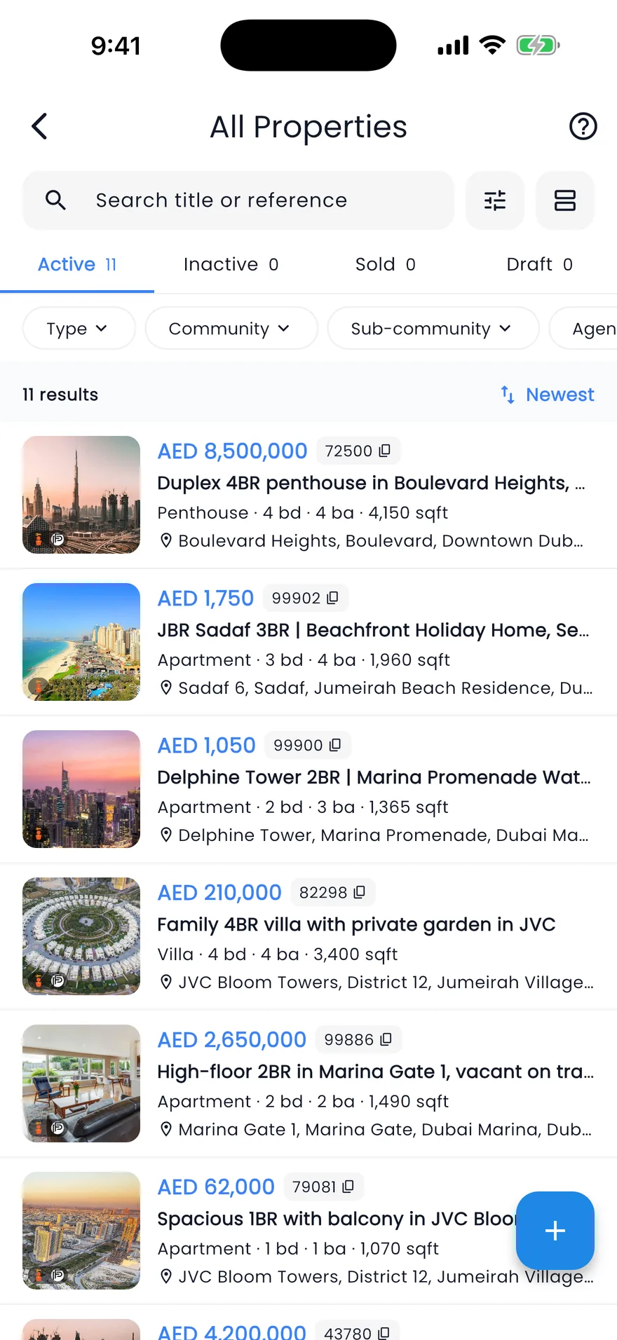 Propfusion app: All Properties list with search, status tabs, type and community filters, and each listing's price, size and location