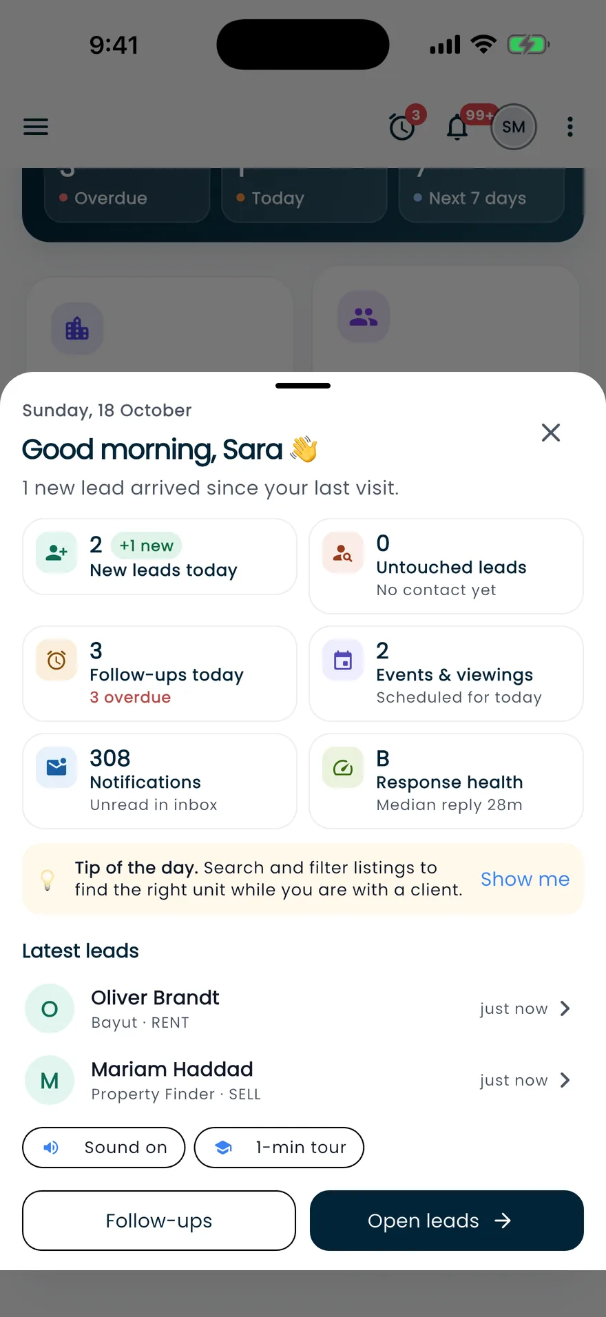 Propfusion app: Good-morning brief with new and untouched leads, follow-ups, events, unread notifications and latest leads