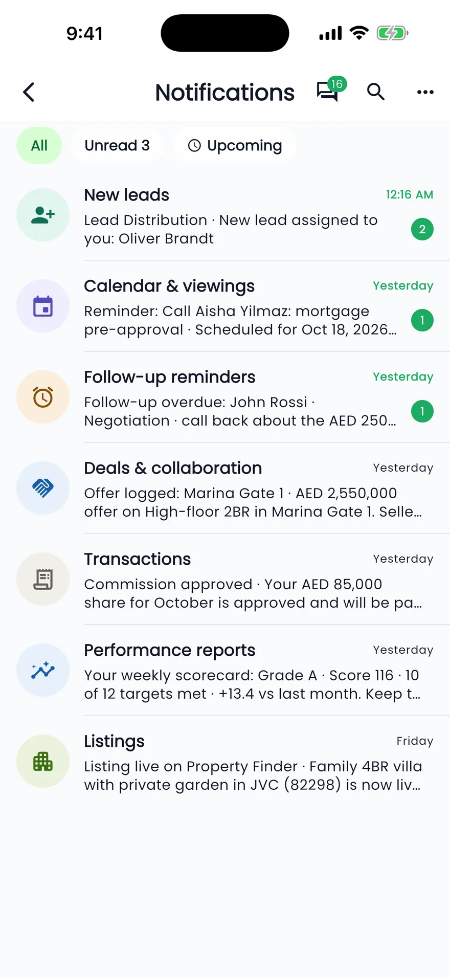 Propfusion app: Notifications grouped into new leads, calendar, follow-up reminders, deals, transactions, performance and listings