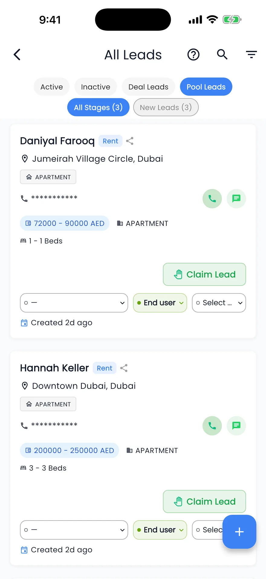 Propfusion app: Shared pool leads with area, budget and beds, and a Claim Lead button on each