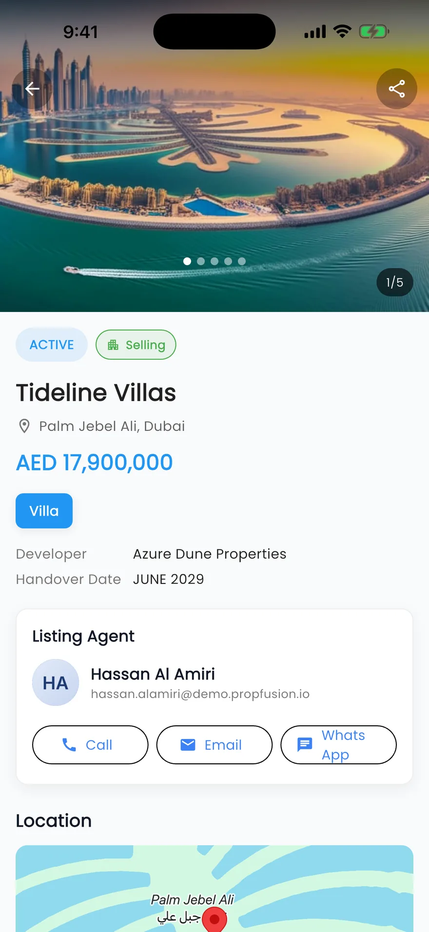 Propfusion app: Off-plan project with photo gallery, price, developer, handover date and Call, Email and WhatsApp buttons