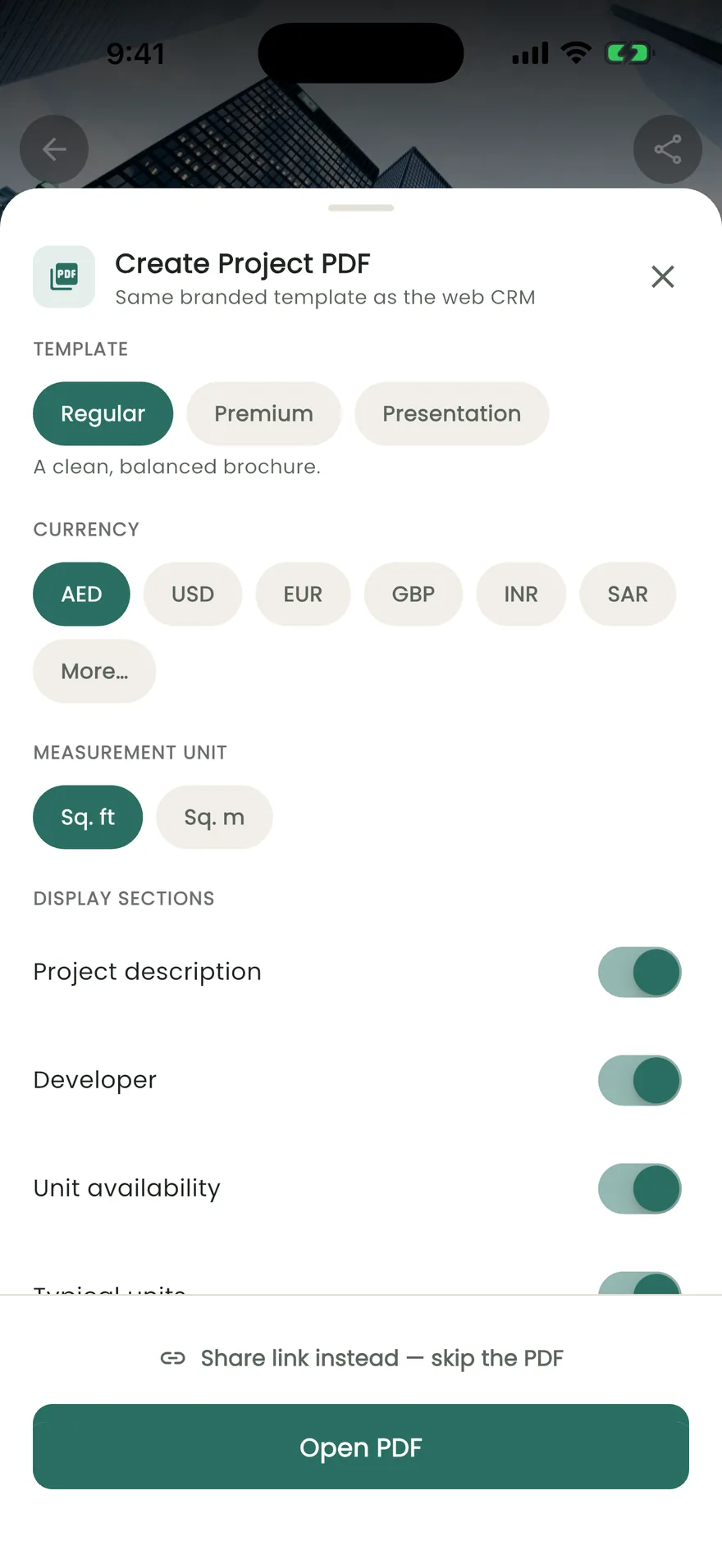 Propfusion app: Create a project PDF with Regular, Premium or Presentation templates, currency and units