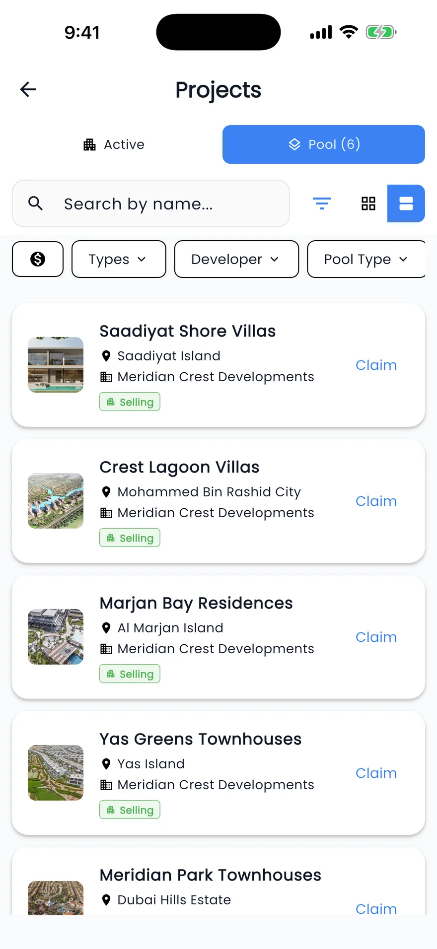 Propfusion app: Newly launched developer projects with a Claim button on each