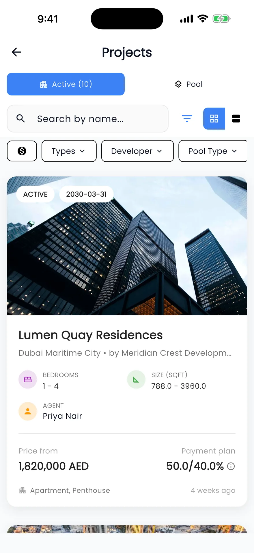 Propfusion app: Projects list with search and filters and a project card with handover date, bedrooms, size, agent, price and payment plan