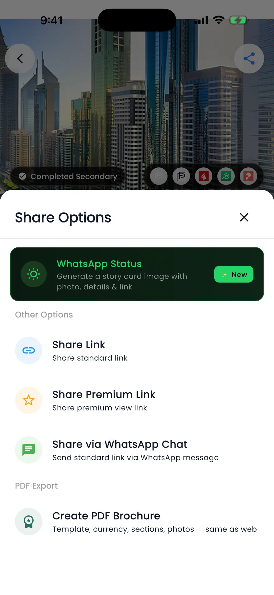 Propfusion app: Share options on a listing: WhatsApp Status, share link, premium link, WhatsApp chat and PDF brochure