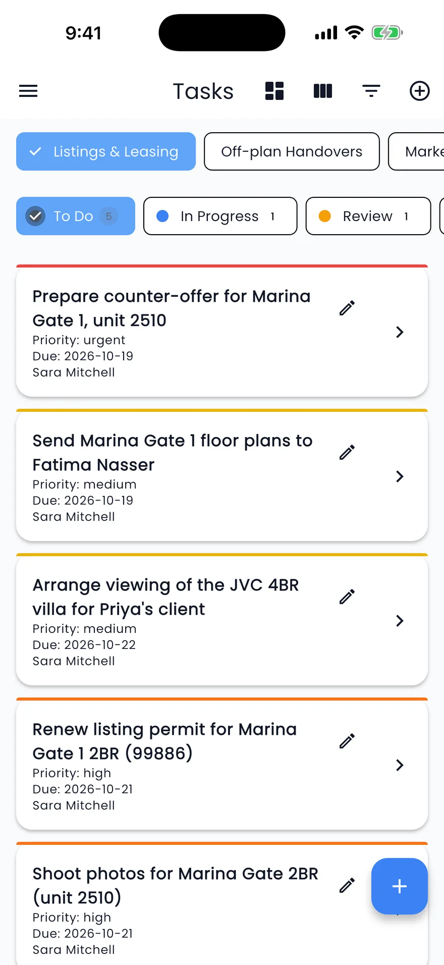 Propfusion app: Tasks by board and status, with cards showing each task's priority, due date and assignee