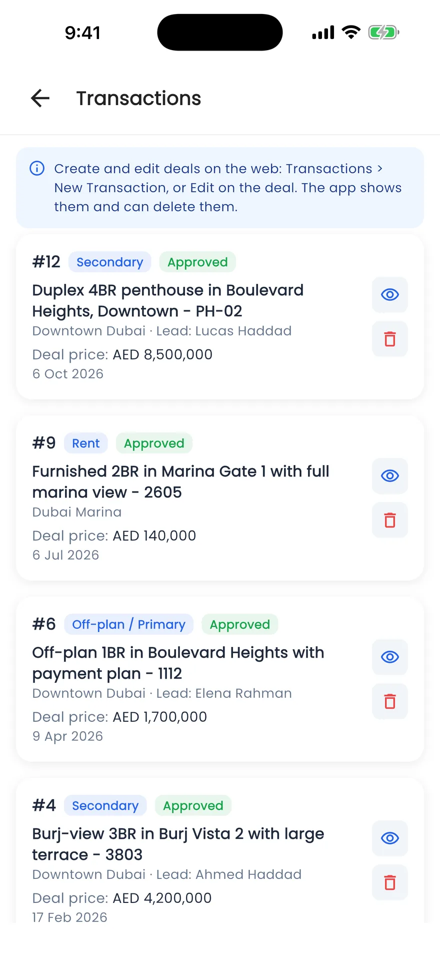 Propfusion app: Transactions list with deal type, approval status, property, lead and deal price