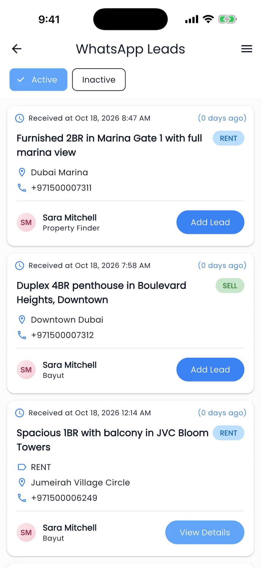 Propfusion app: WhatsApp leads from Property Finder and Bayut with Add Lead and View Details
