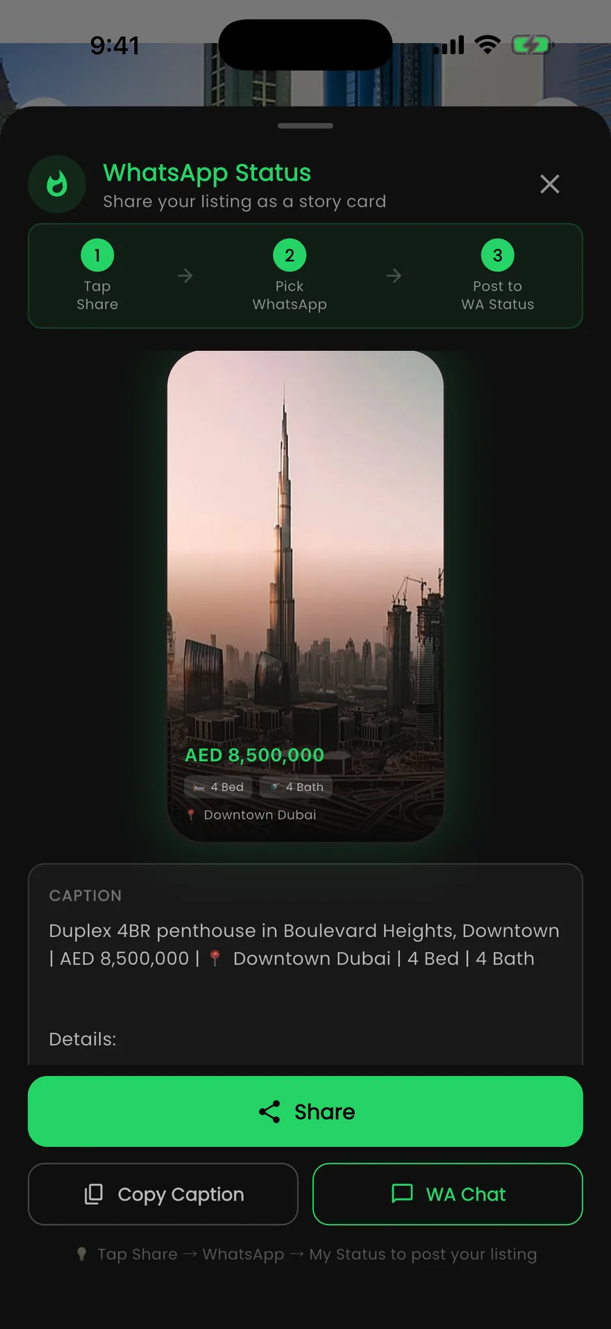 Propfusion app: WhatsApp Status card for a listing with photo, price, beds, baths and a ready caption