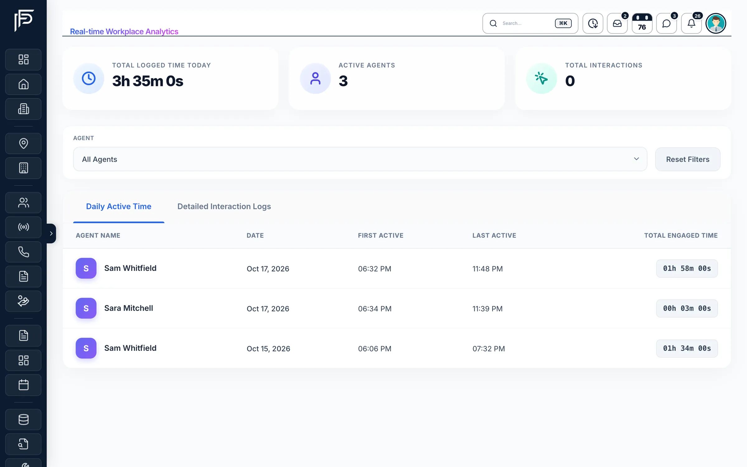 Propfusion CRM: Workplace activity with logged time today, active agents and each agent's first active, last active and engaged time