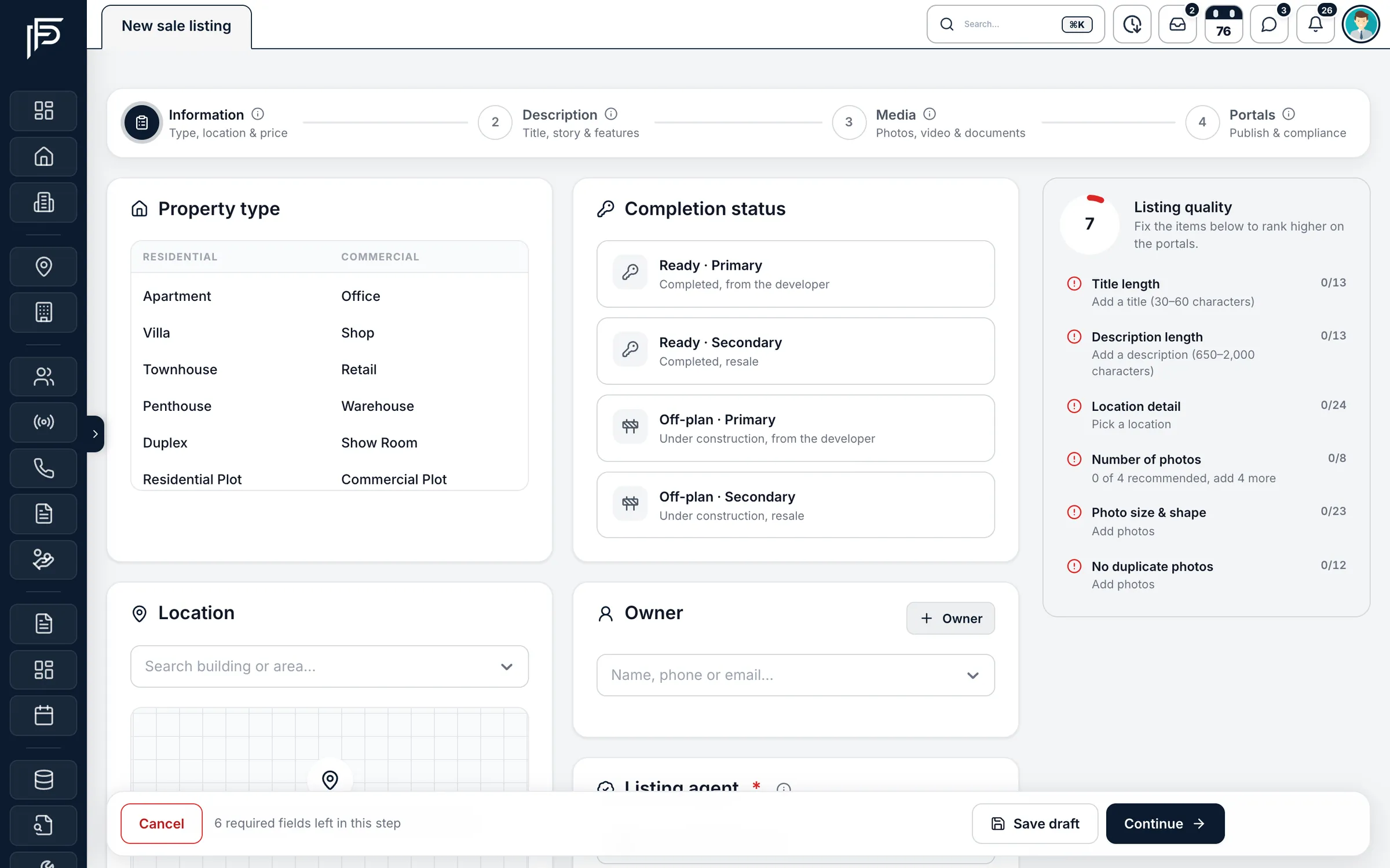 Propfusion CRM: Four-step new sale listing form with property type, completion status, location, owner and a listing quality checklist