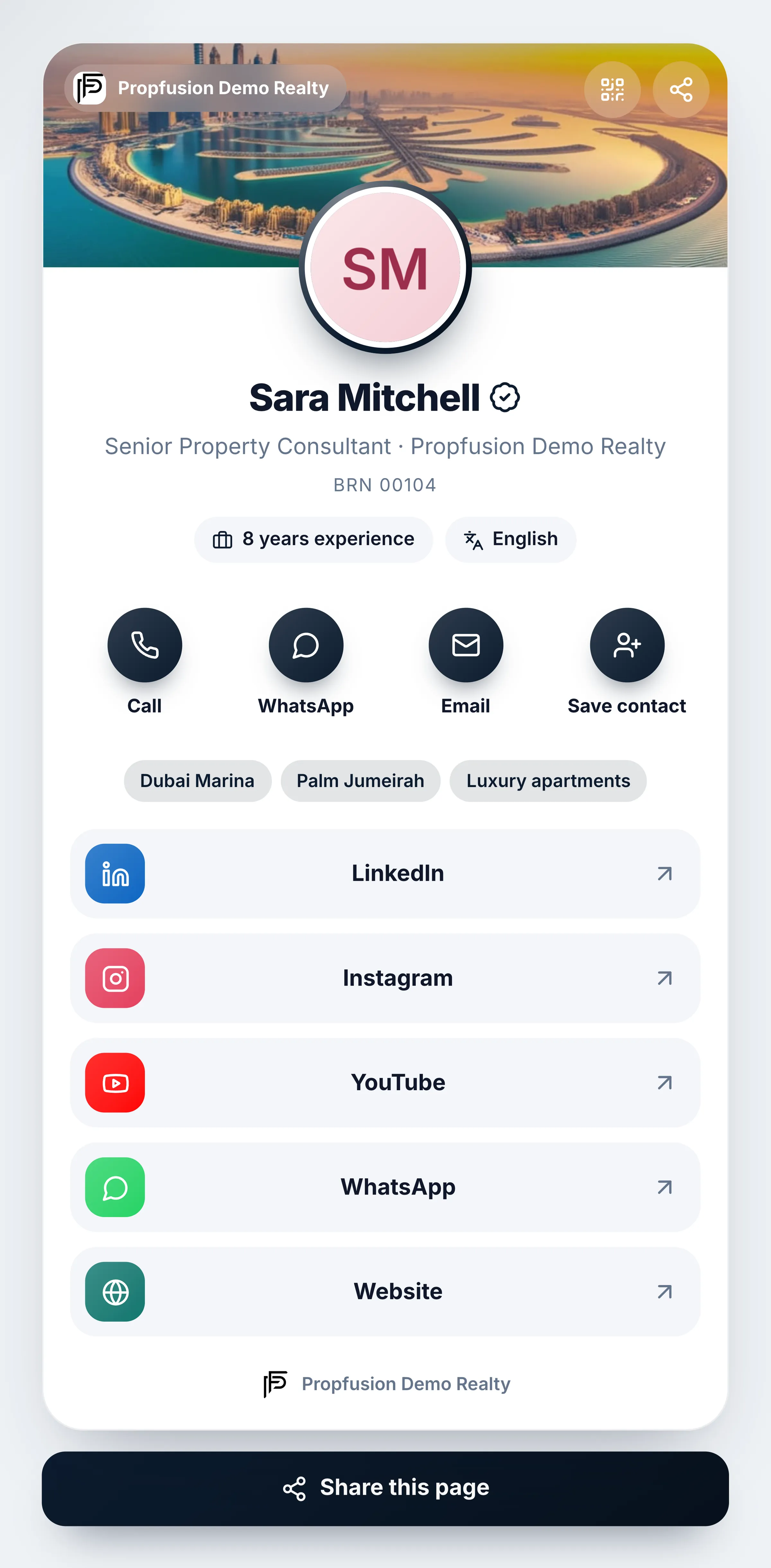 Propfusion CRM: An agent's public link page with call, WhatsApp, email and save-contact buttons, specialties, social links and a QR code