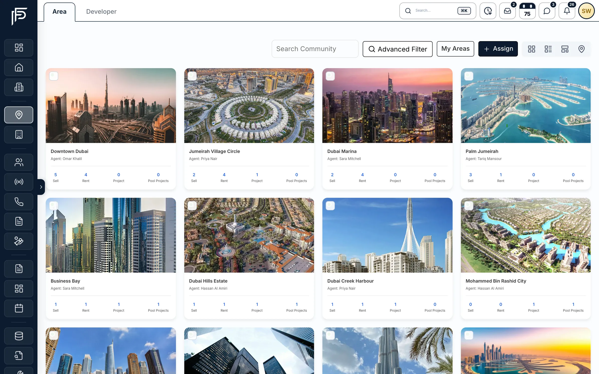 Propfusion CRM: Area cards for Dubai communities with photo, assigned agent and sell, rent, project and pool project counts