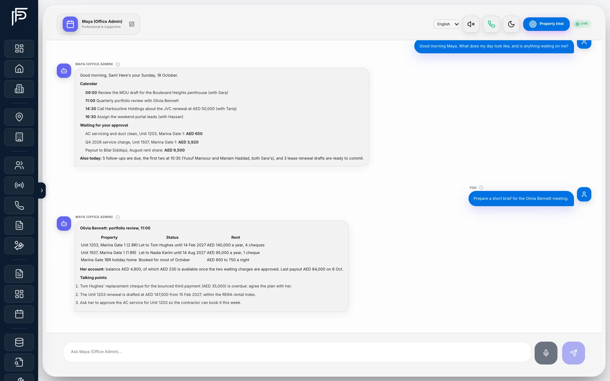 Propfusion CRM: AI hub chat with Maya, the office admin specialist, with voice, call and Property Intel controls