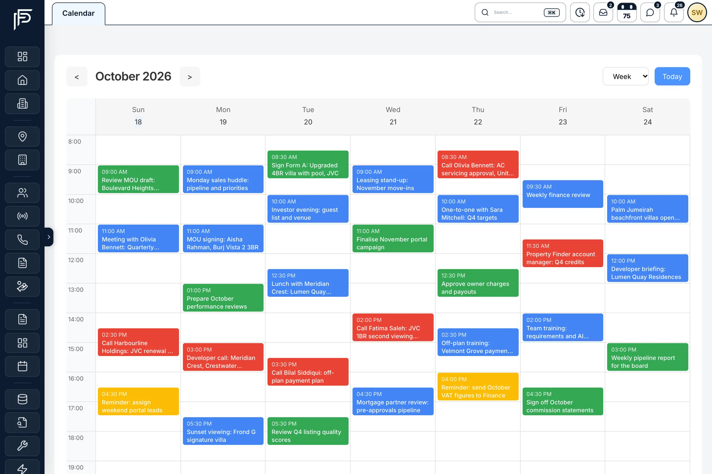 Propfusion CRM: Calendar week view with color-coded meetings, calls, tasks and reminders from 8:00 to 19:00