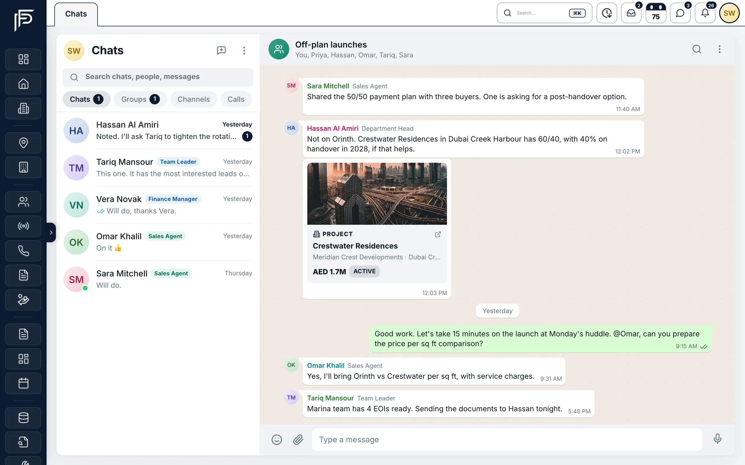 Propfusion CRM: Team group chat about off-plan launches, with a project shared as a card in the conversation