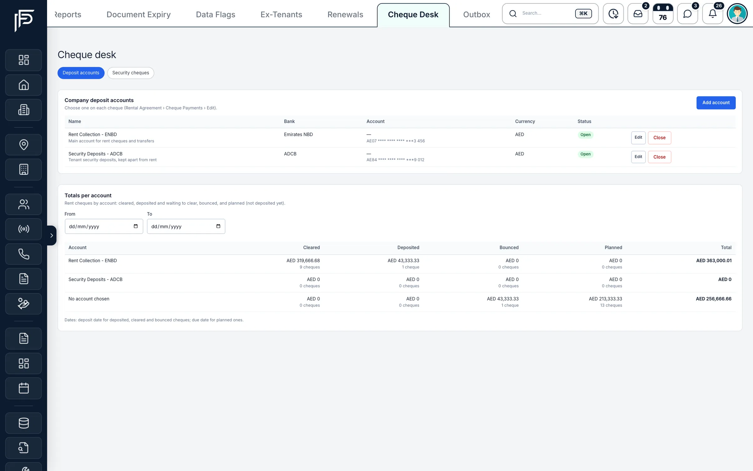 Propfusion CRM: Cheque desk with company deposit accounts and rent cheque totals per account: cleared, deposited, bounced and planned