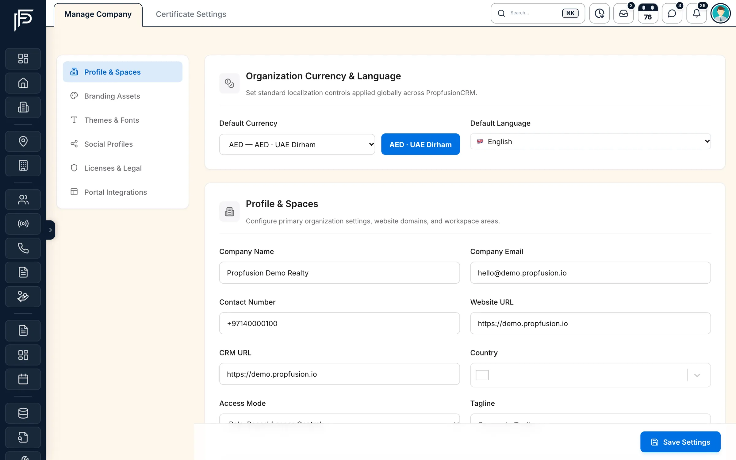 Propfusion CRM: Company settings with currency and language, company name, email, phone and website, plus branding and legal tabs