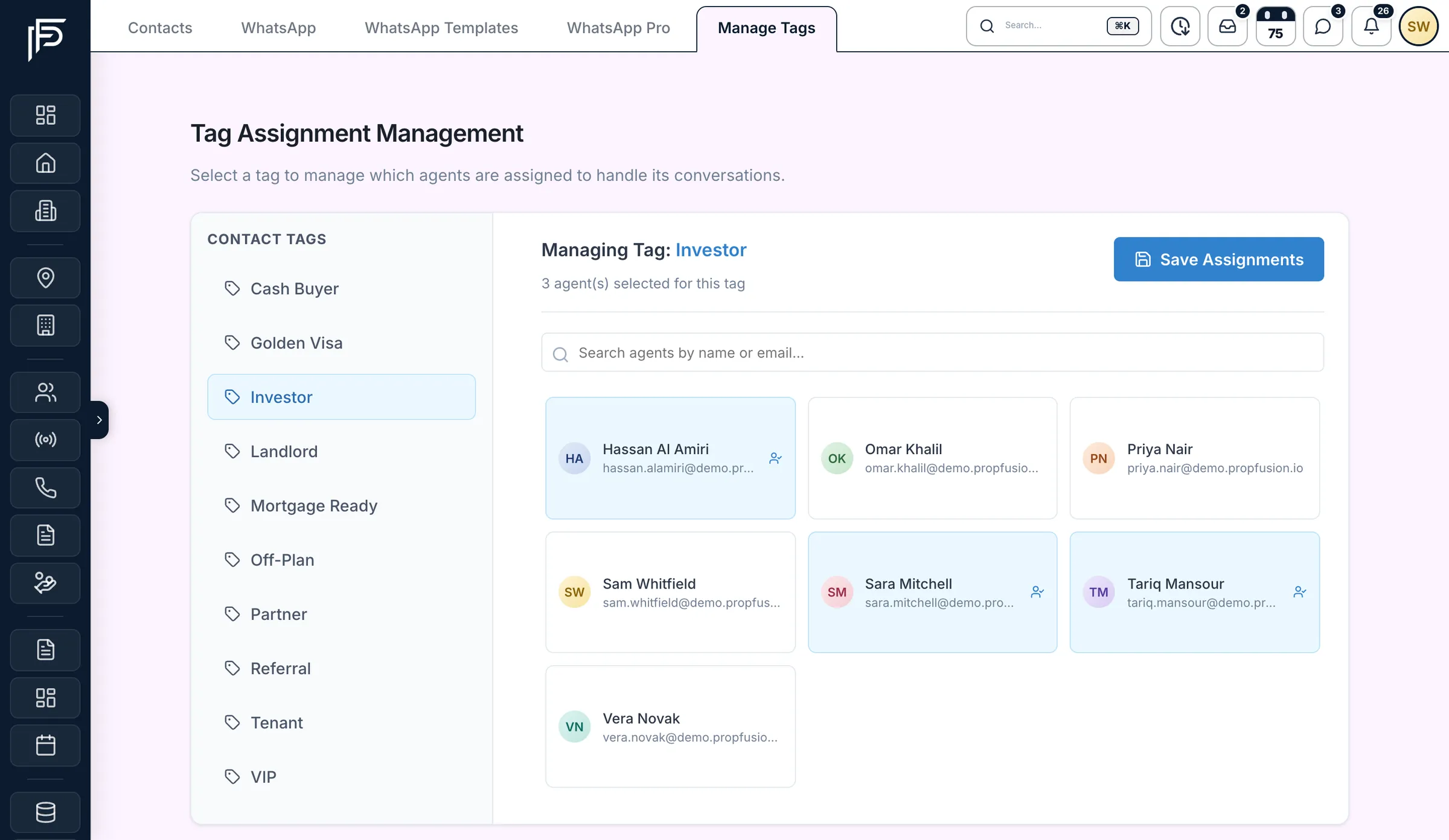 Propfusion CRM: Tag assignment screen with contact tags such as Investor and VIP and the agents assigned to each tag