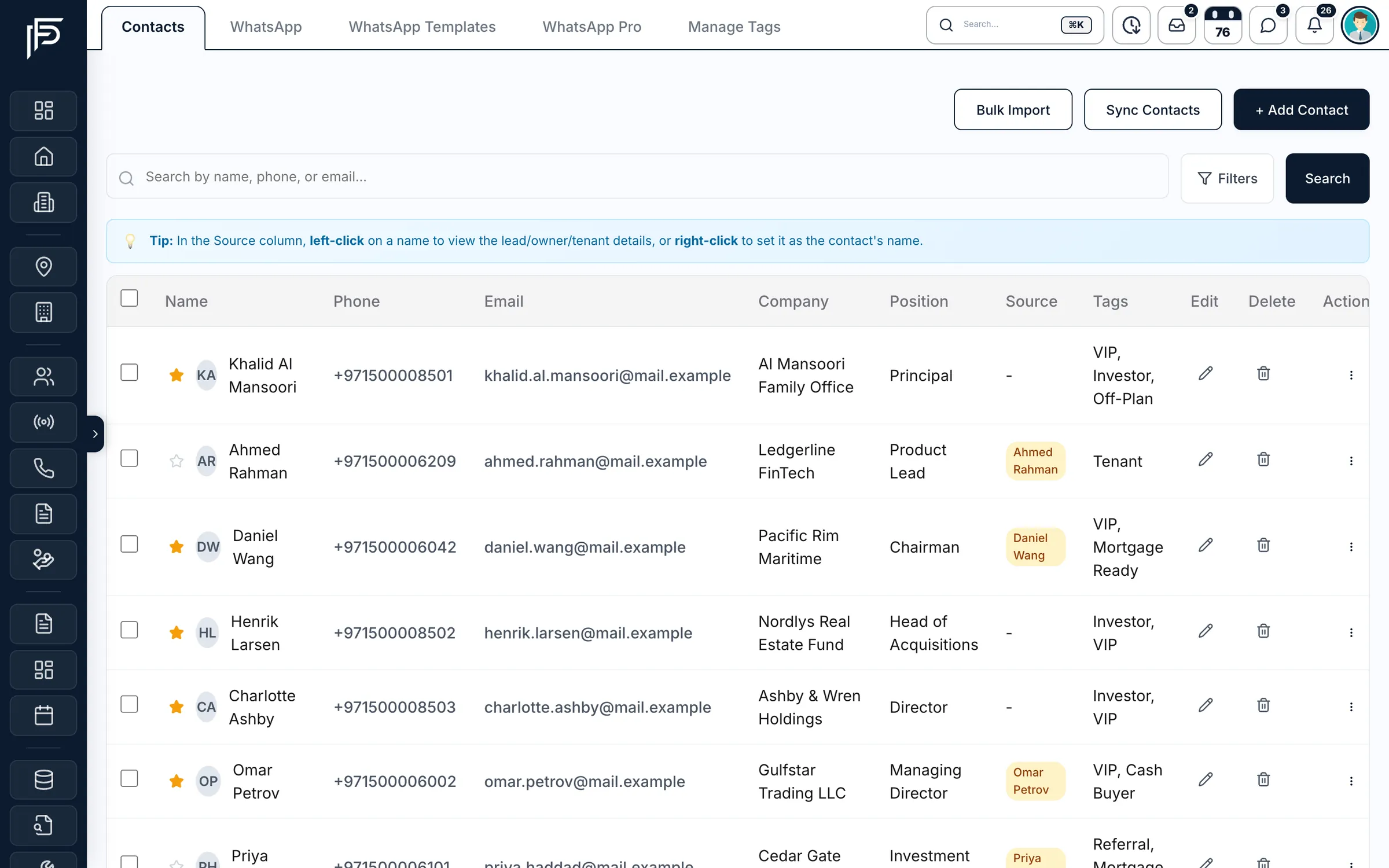 Propfusion CRM: Contacts table with name, phone, email, company, position, source and tags such as VIP and Investor
