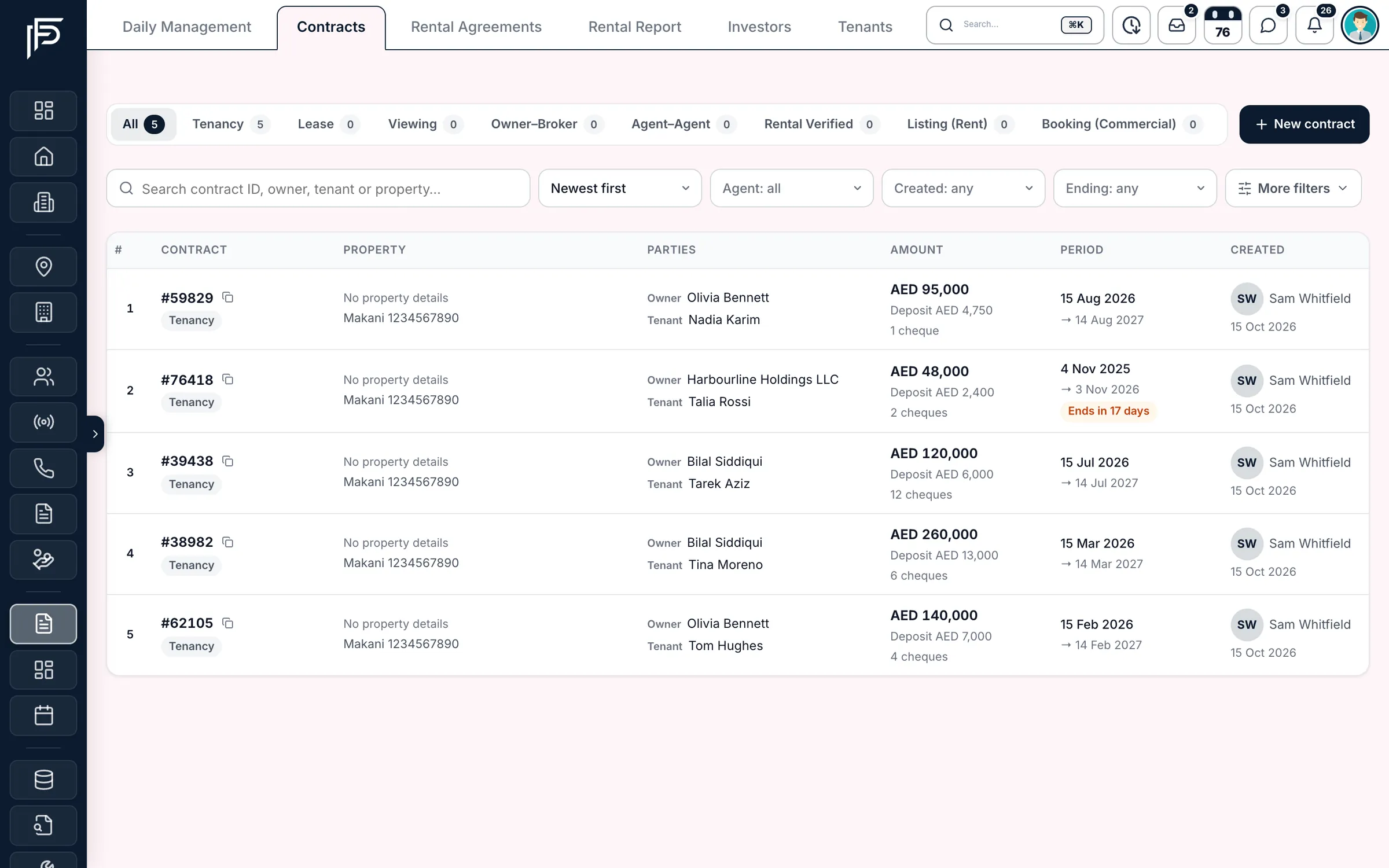 Propfusion CRM: Contracts list with type filters and tenancy contracts showing owner, tenant, rent, deposit, cheques and period