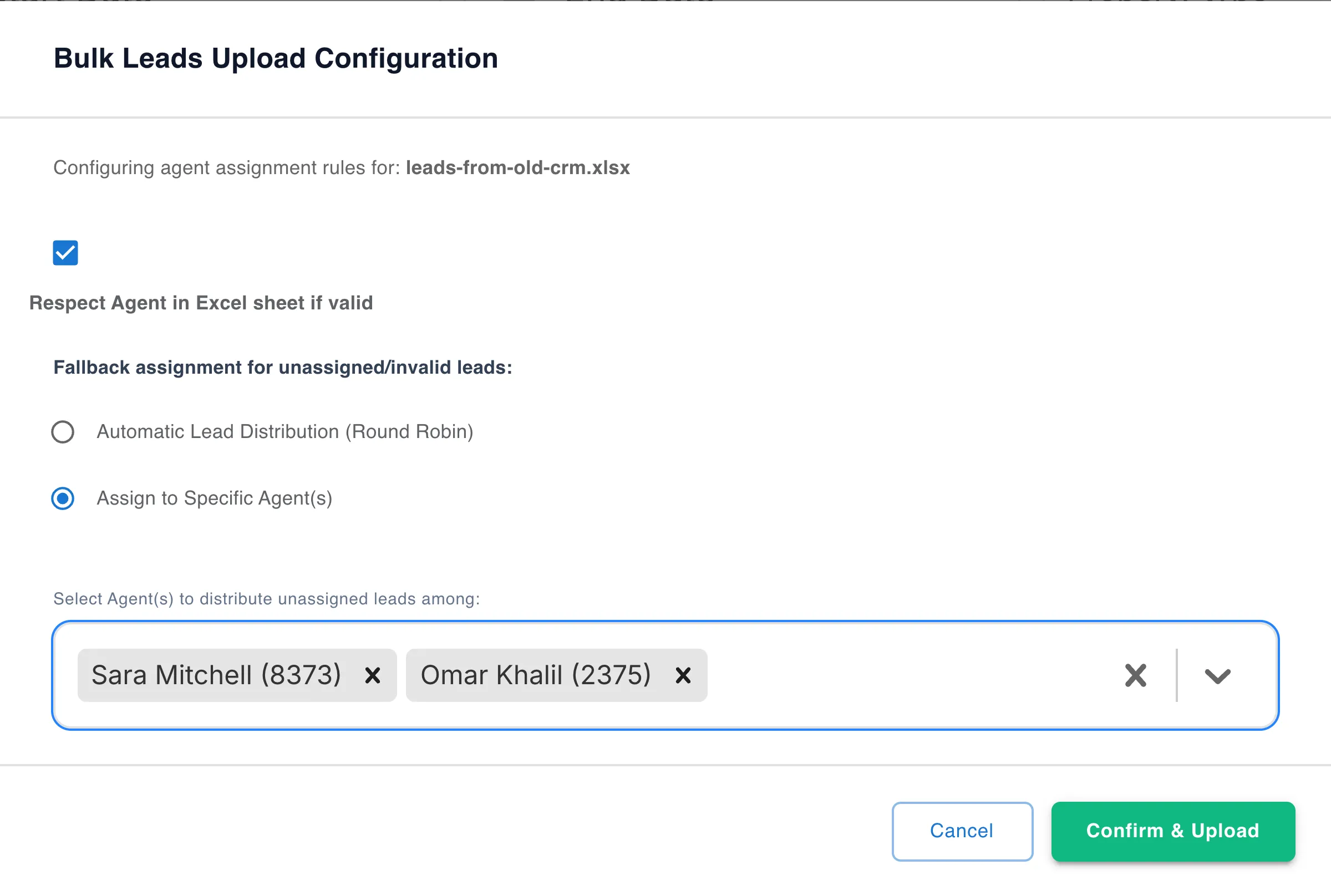 Propfusion CRM: Bulk leads upload that keeps the agent in each row and assigns the rest to chosen agents or the distribution plan