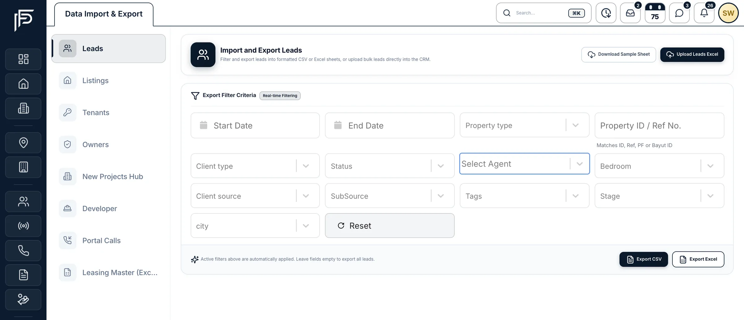 Propfusion CRM: Data import and export with tabs for leads, listings, tenants, owners, new projects, developers, portal calls and leasing