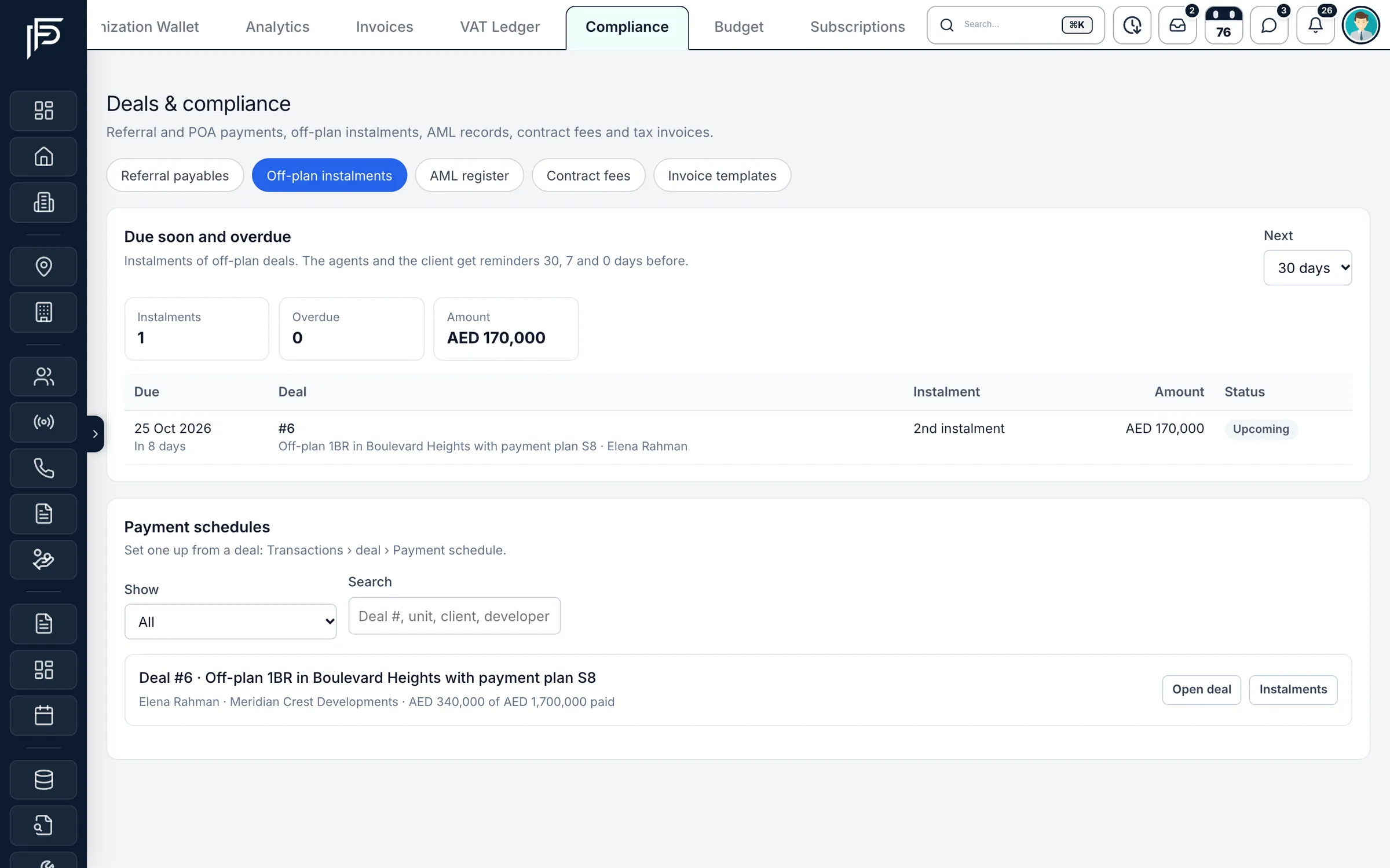 Propfusion CRM: Deals and compliance page with off-plan instalments due soon or overdue and each deal's payment schedule
