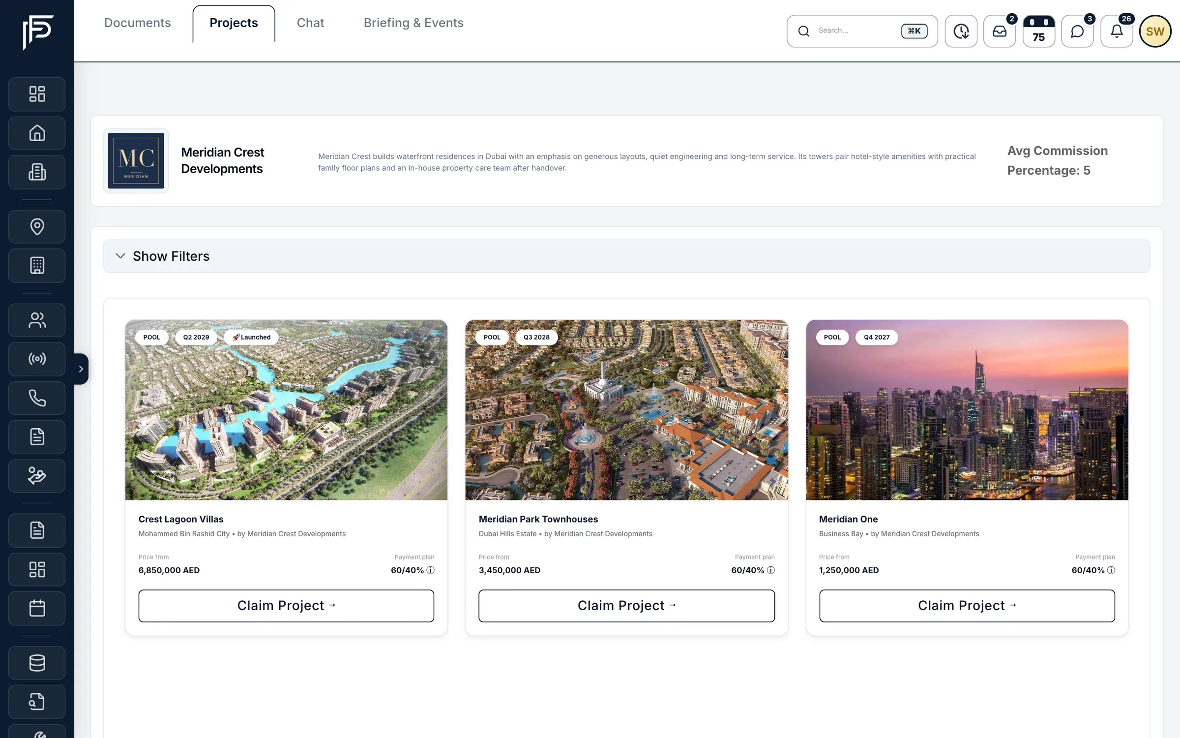 Propfusion CRM: Developer page with logo, profile, average commission and project cards with starting price and payment plan