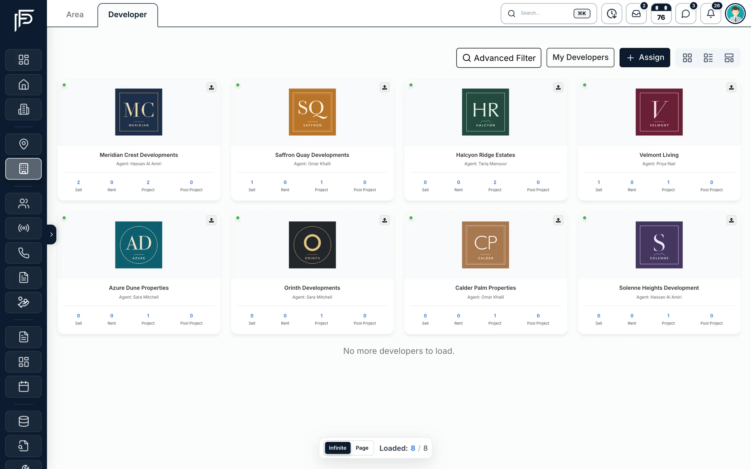 Propfusion CRM: Developer cards with logo, assigned agent and sell, rent, project and pool project counts