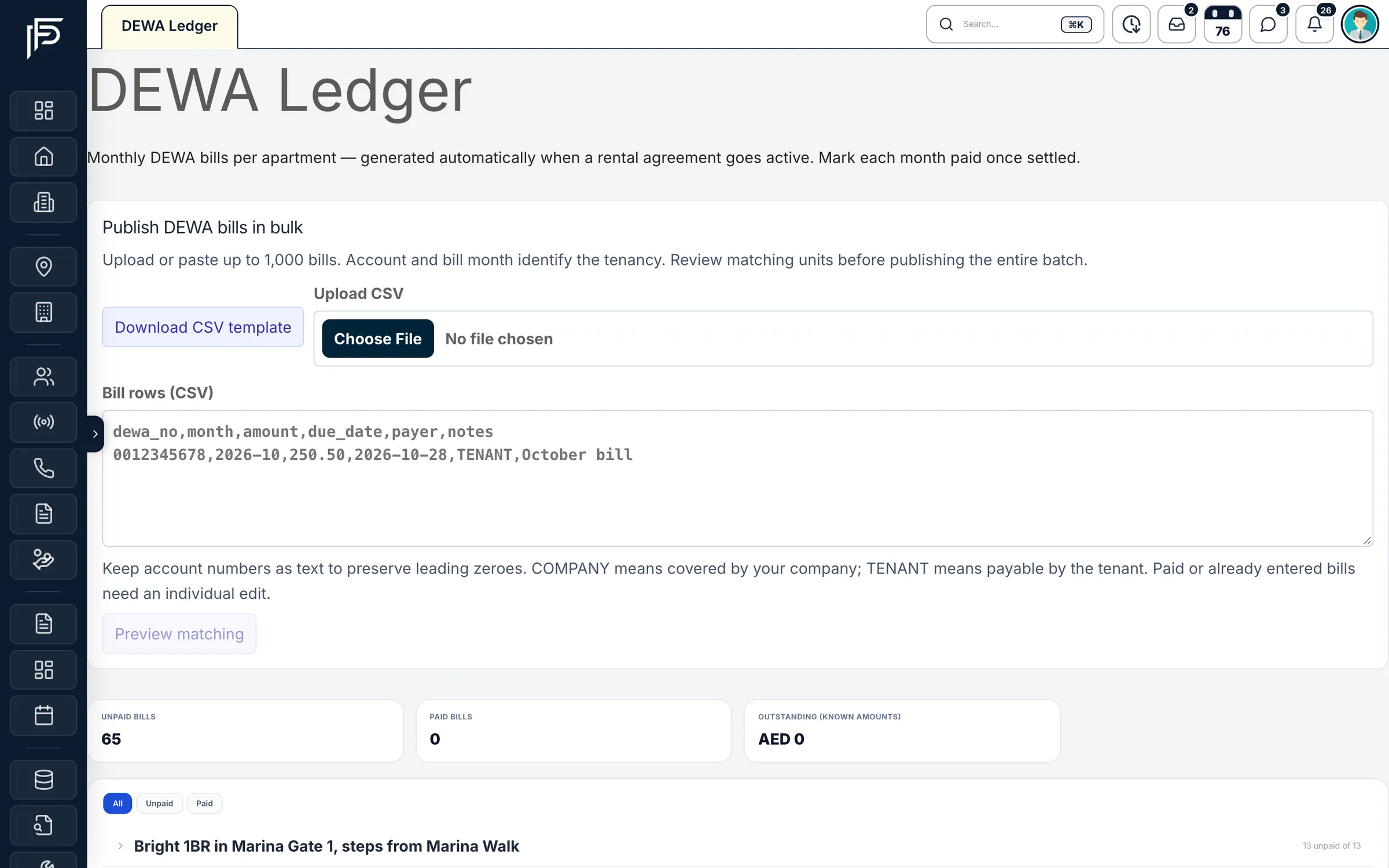 Propfusion CRM: DEWA ledger with bulk CSV bill upload, unpaid and paid bill counts and monthly bills grouped by apartment