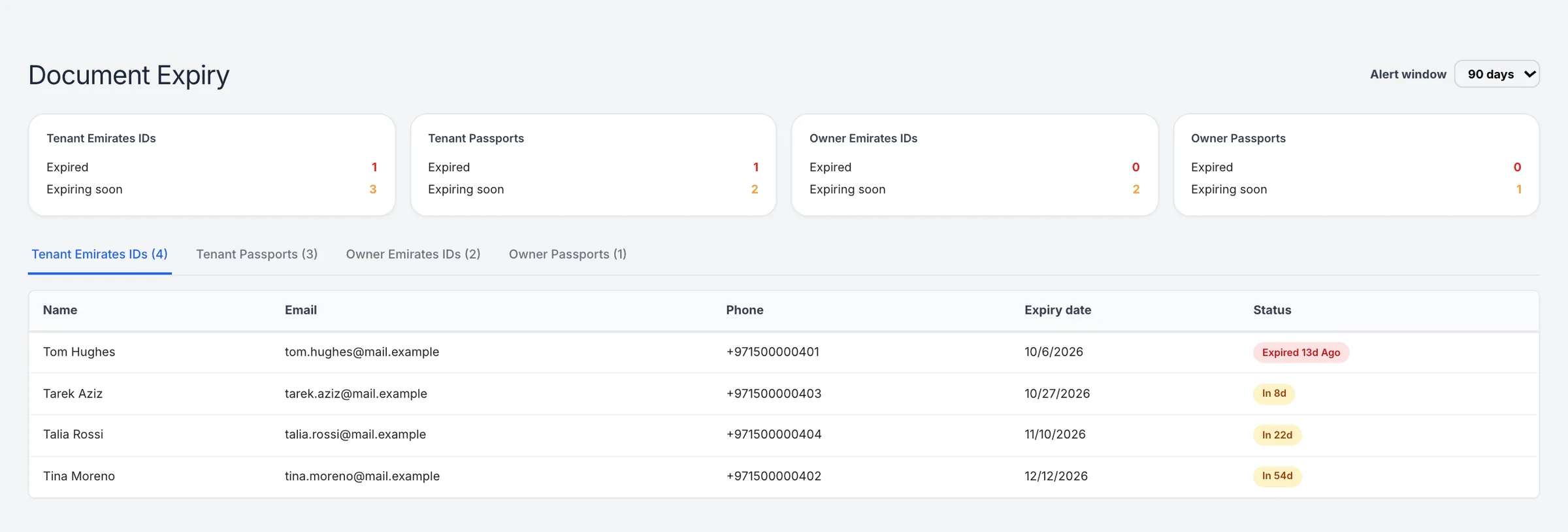 Propfusion CRM: Document expiry report for tenant and owner Emirates IDs and passports