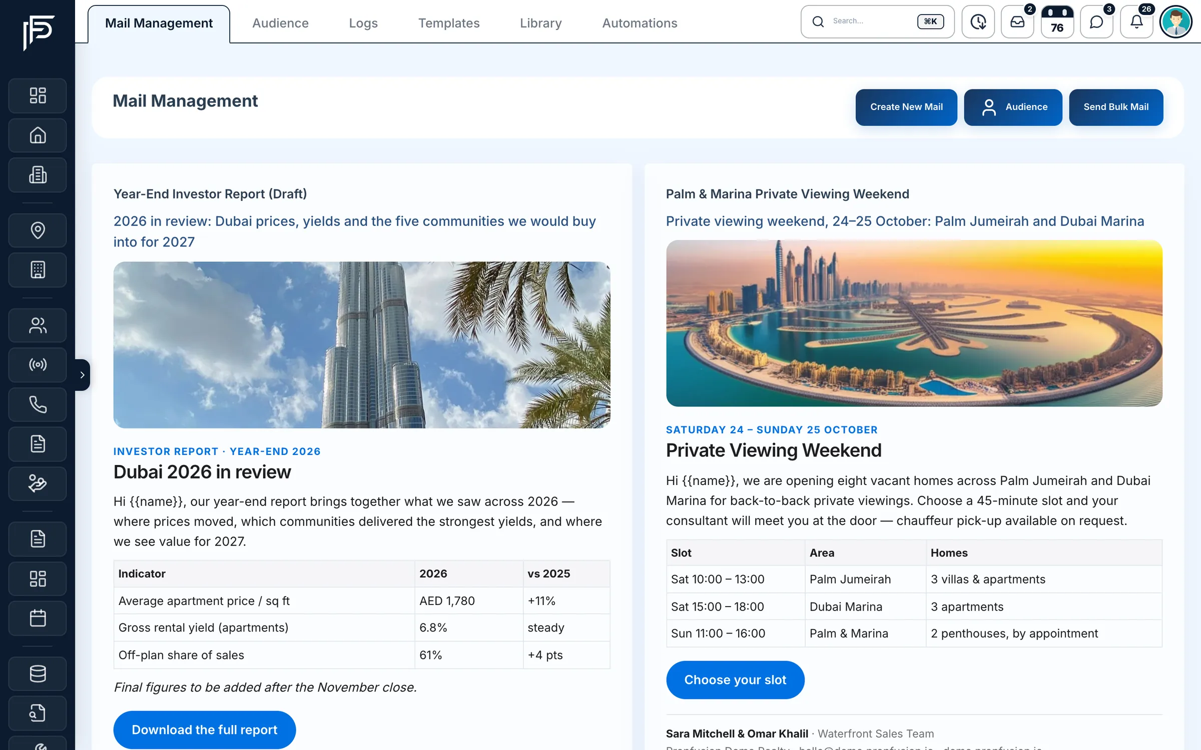 Propfusion CRM: Mail management with designed email campaigns, including an investor report and a private viewing invite