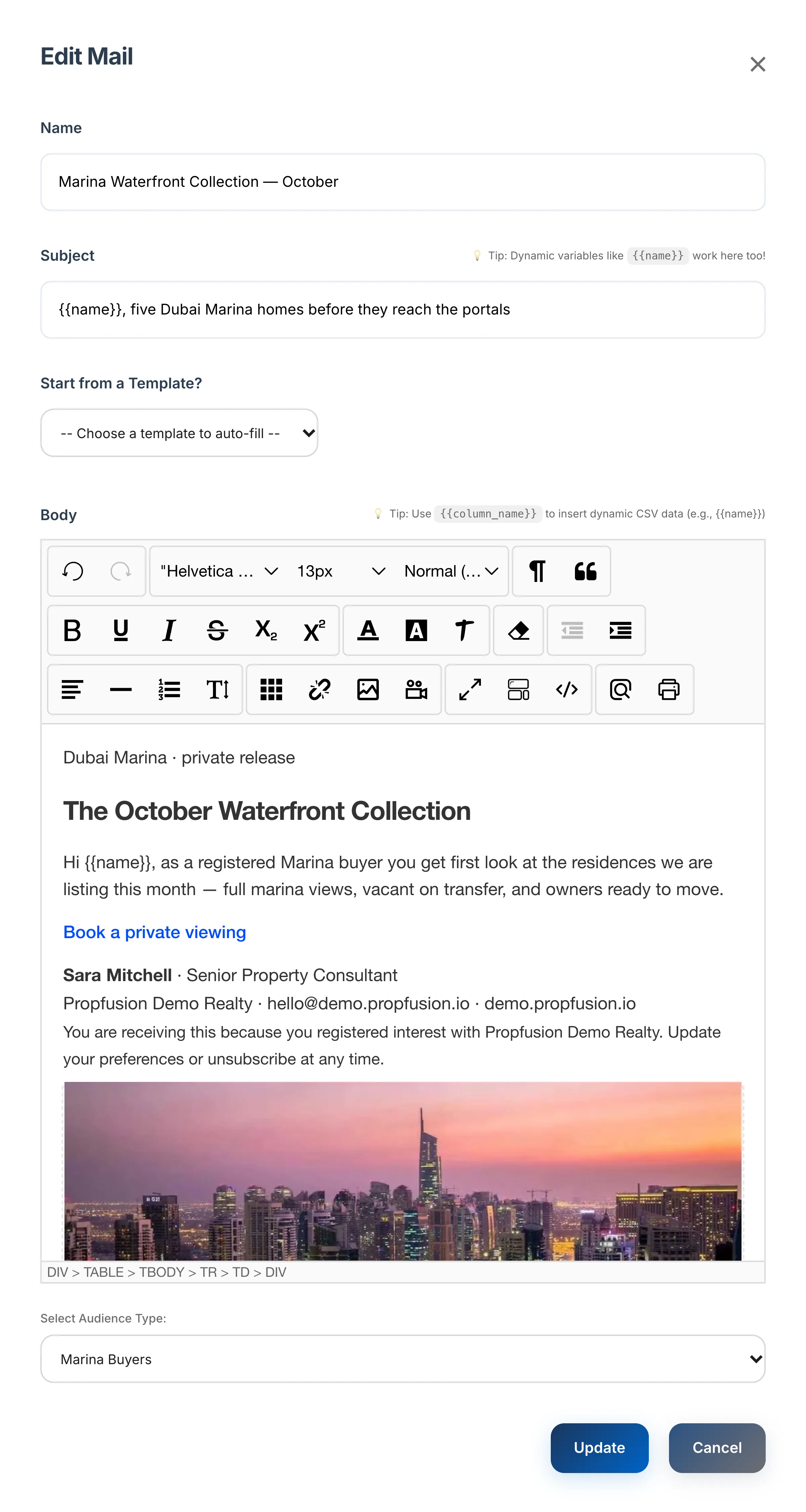 Propfusion CRM: Email campaign editor with a personalised subject, a template picker and a designed real estate email