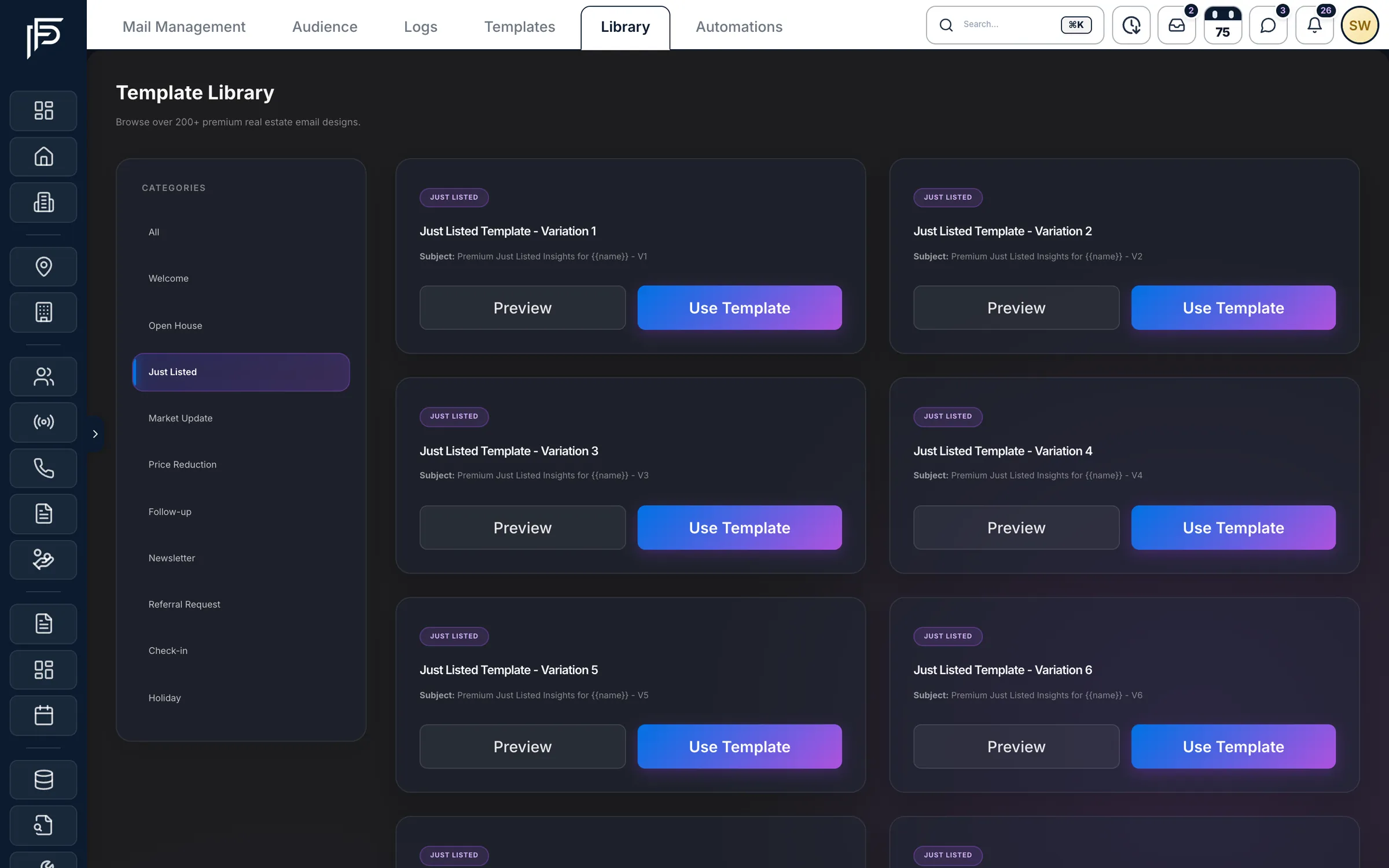 Propfusion CRM: Email template library by category, showing Just Listed designs with Preview and Use Template buttons