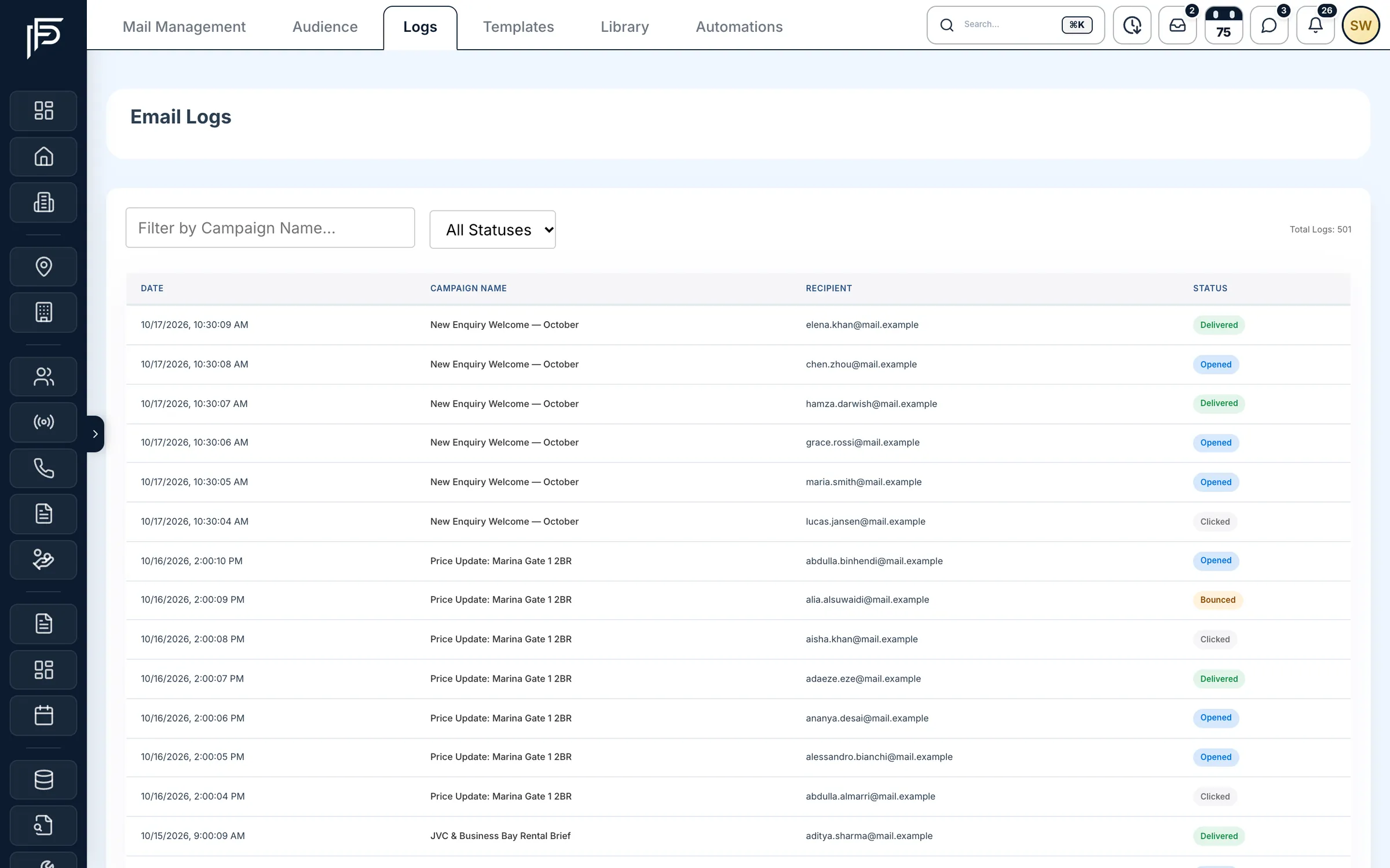 Propfusion CRM: Email logs listing each send by date, campaign and recipient, with delivered, opened, clicked or bounced status