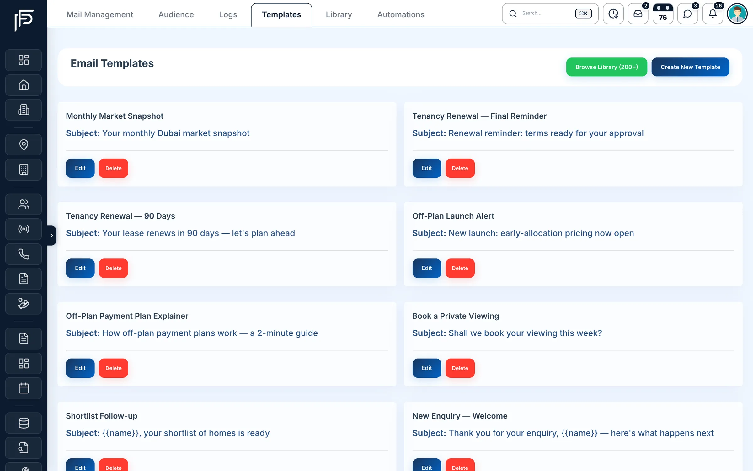 Propfusion CRM: Saved email templates with subject lines for market snapshots, renewals, off-plan launches and viewings