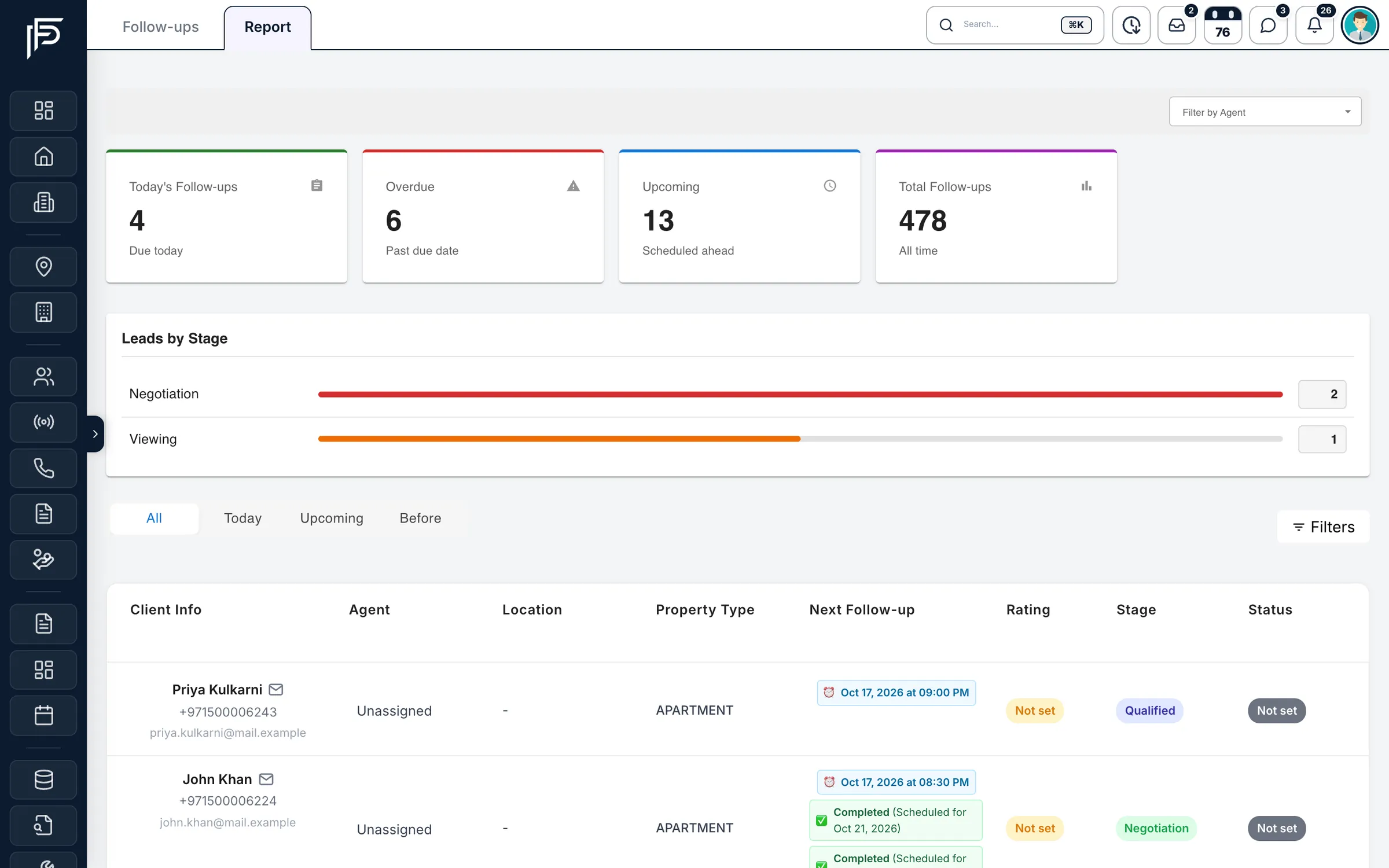 Propfusion CRM: Follow-up report with today's, overdue, upcoming and total counts, leads by stage and each lead's next follow-up
