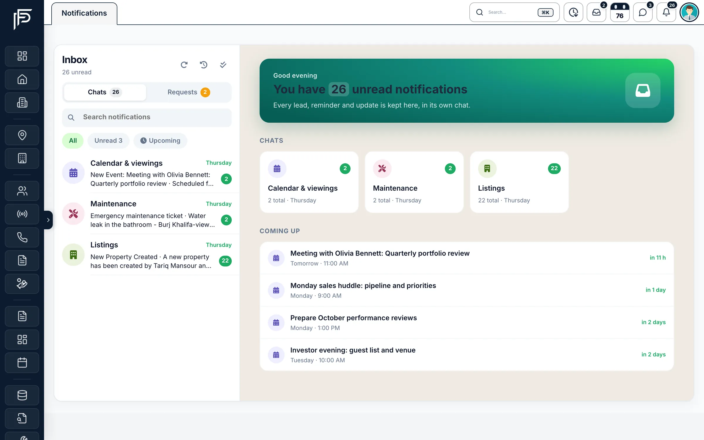 Propfusion CRM: Notifications inbox with chats for calendar, maintenance and listings, unread counts and coming-up events