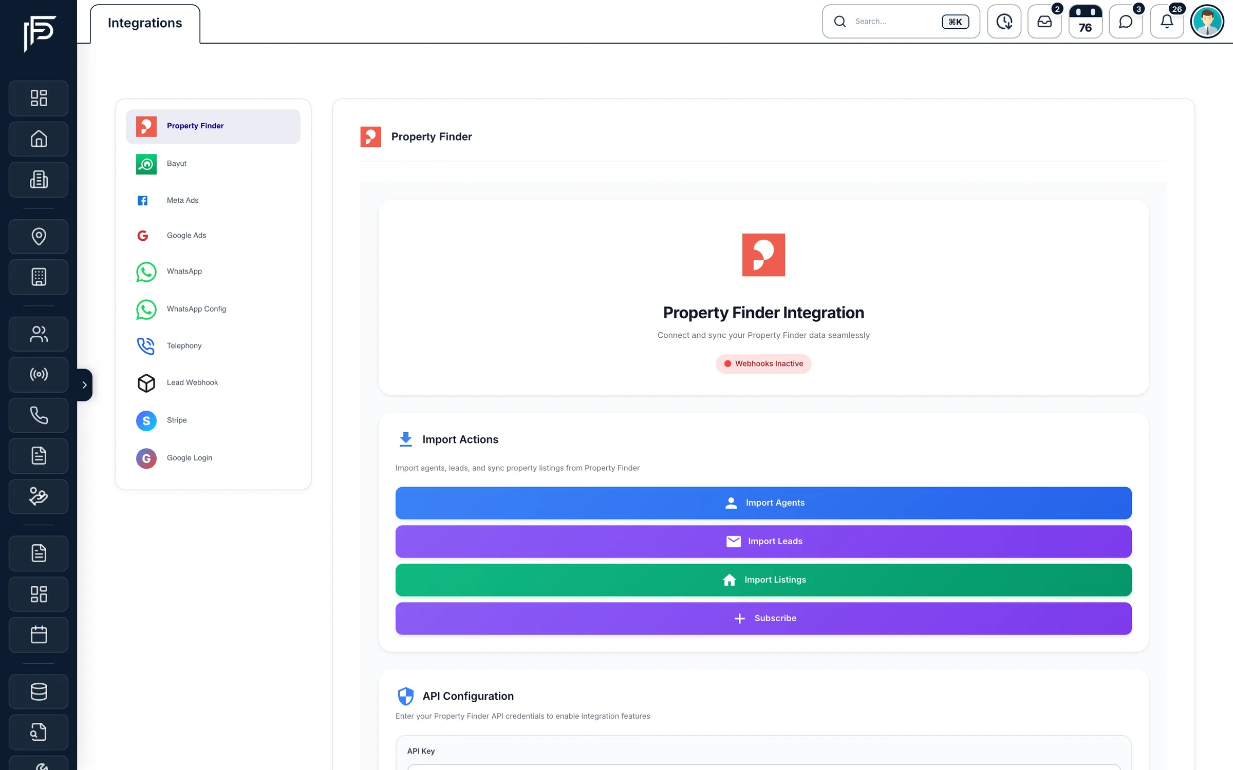 Propfusion CRM: Integrations for Property Finder, Bayut, Meta Ads, Google Ads, WhatsApp and more, with Property Finder import buttons