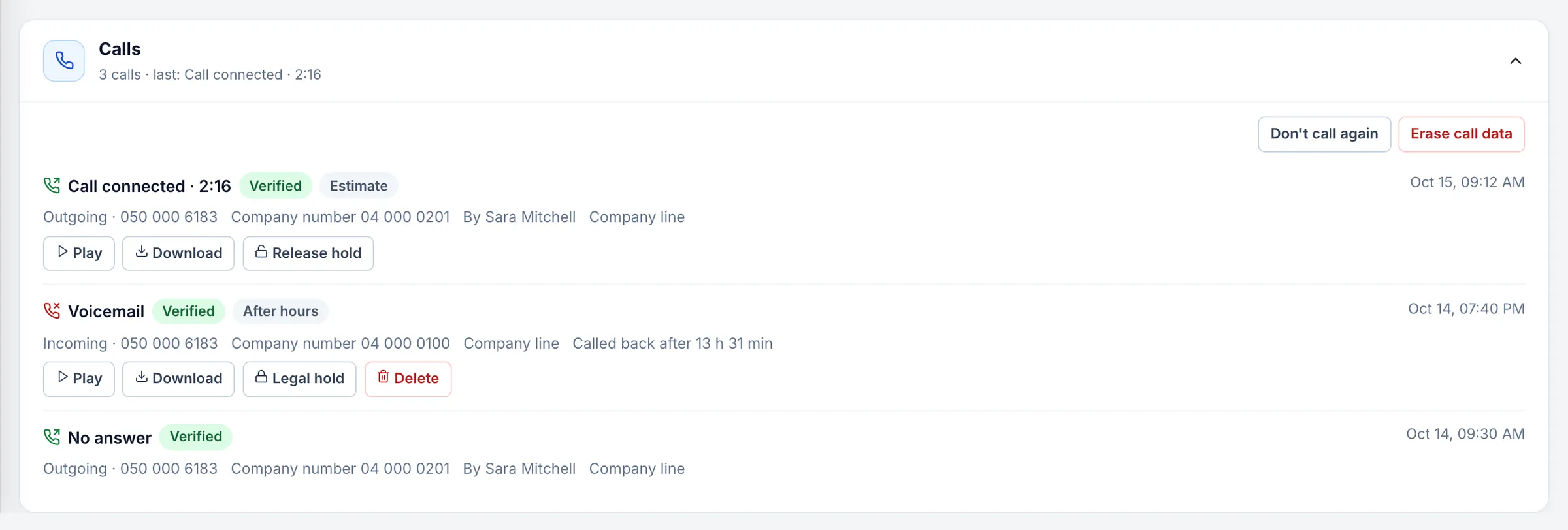 Propfusion CRM: A lead's Calls section listing connected, voicemail and no-answer calls with Play, Download and hold buttons